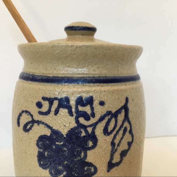Salt Glazed Jam Jar Cobalt Blue stripes Beige Lid pottery Spoon Grapes vintage - Picture 12 of 15